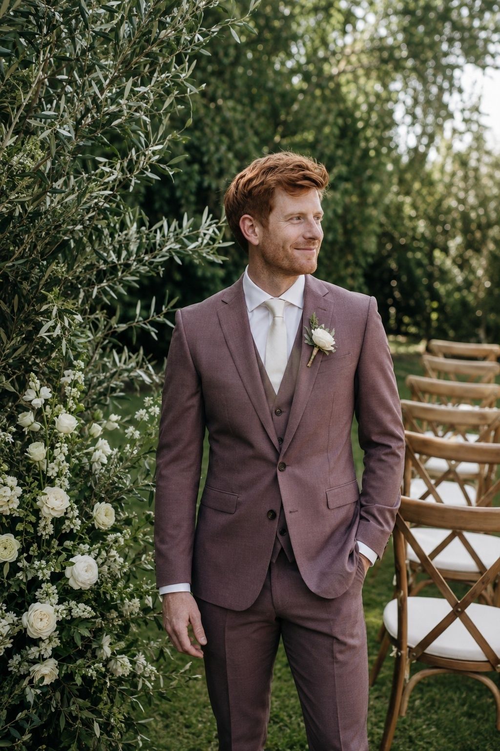 Dusty rose wedding suit with ivory flowers beside leafy garden ceremony chairs.