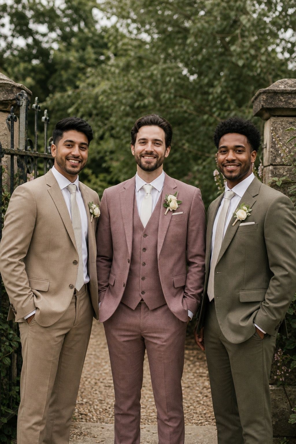Dusty rose groom suit coordinated with tan and olive groomsmen suits.