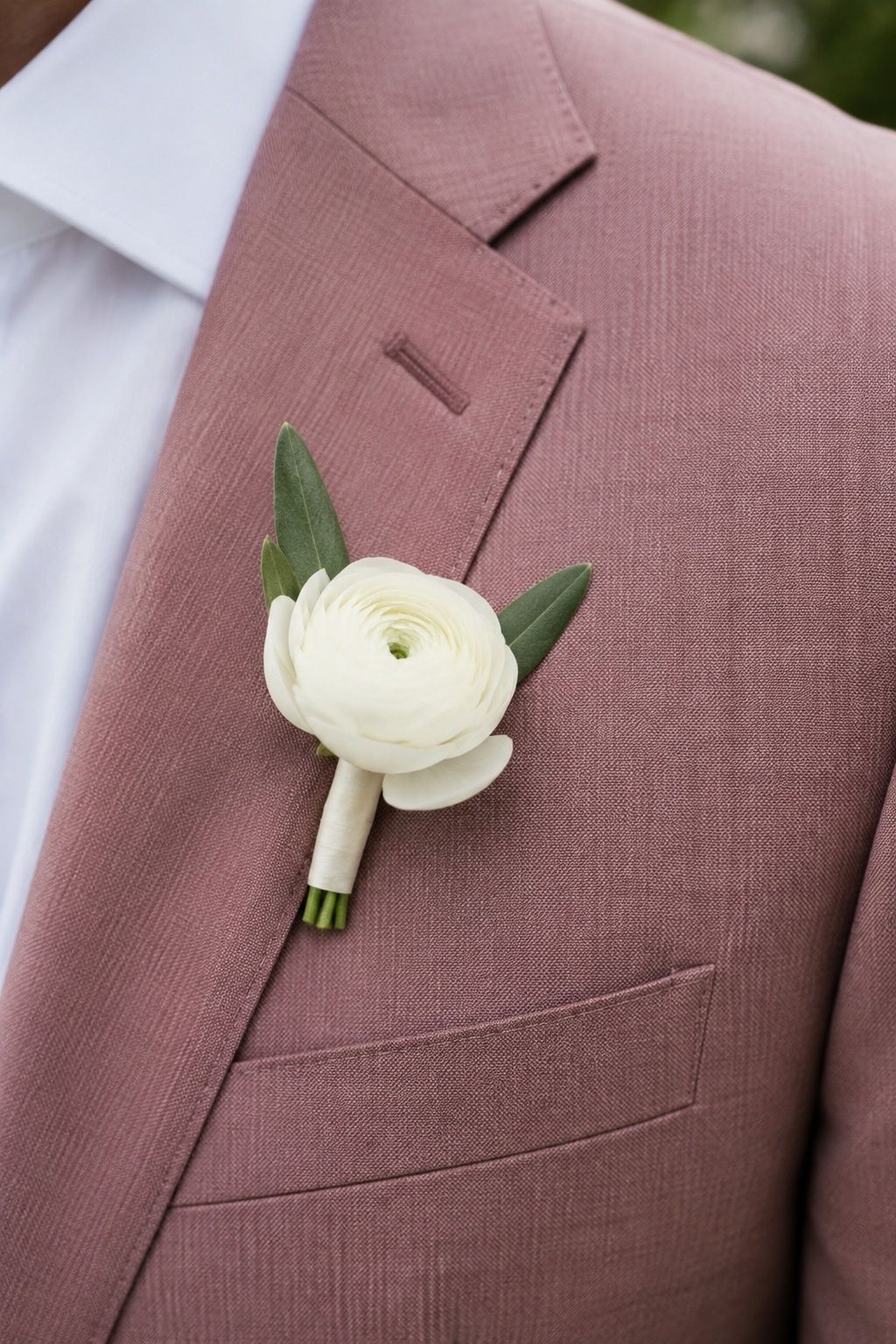 Compact ivory ranunculus and olive-leaf boutonniere on a rose lapel.