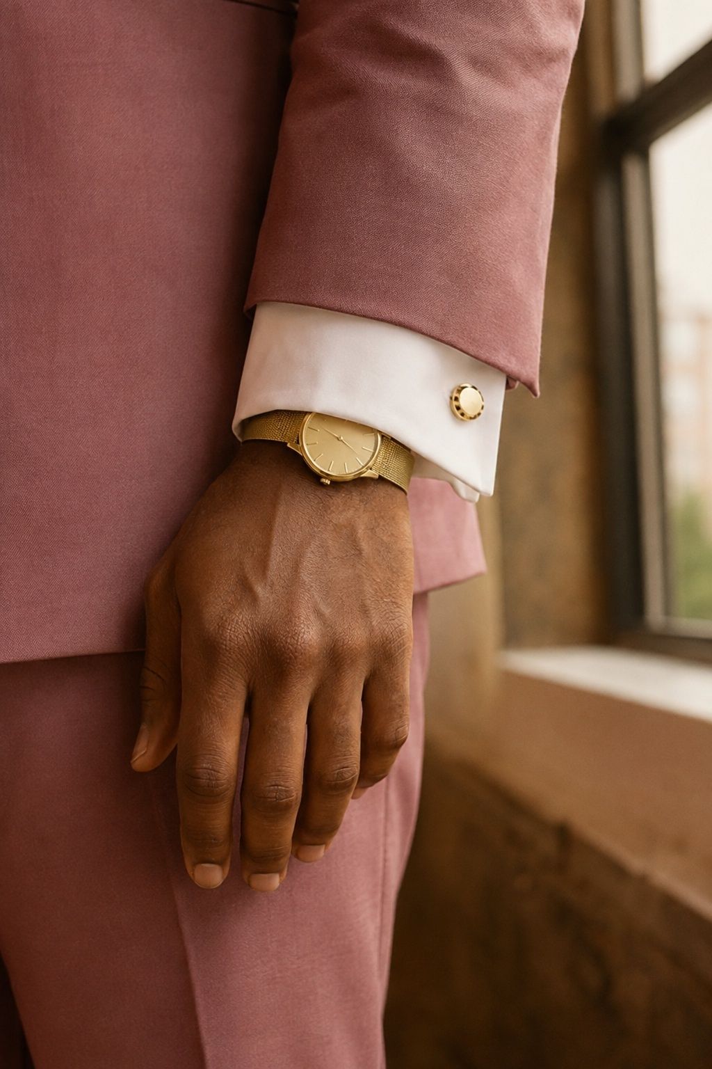 Slim gold watch and heirloom cufflink worn with a dusty rose suit.