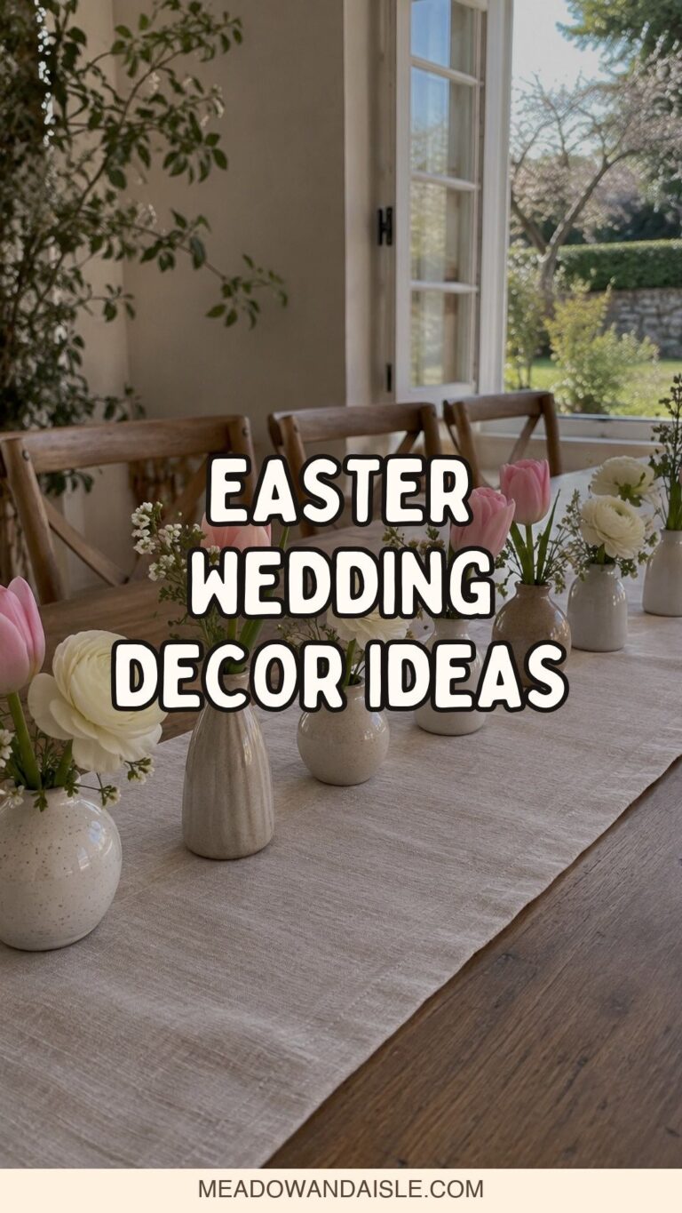 Easter wedding decor ideas Pinterest pin showing low spring tulip and ranunculus bud vases at a reception table.