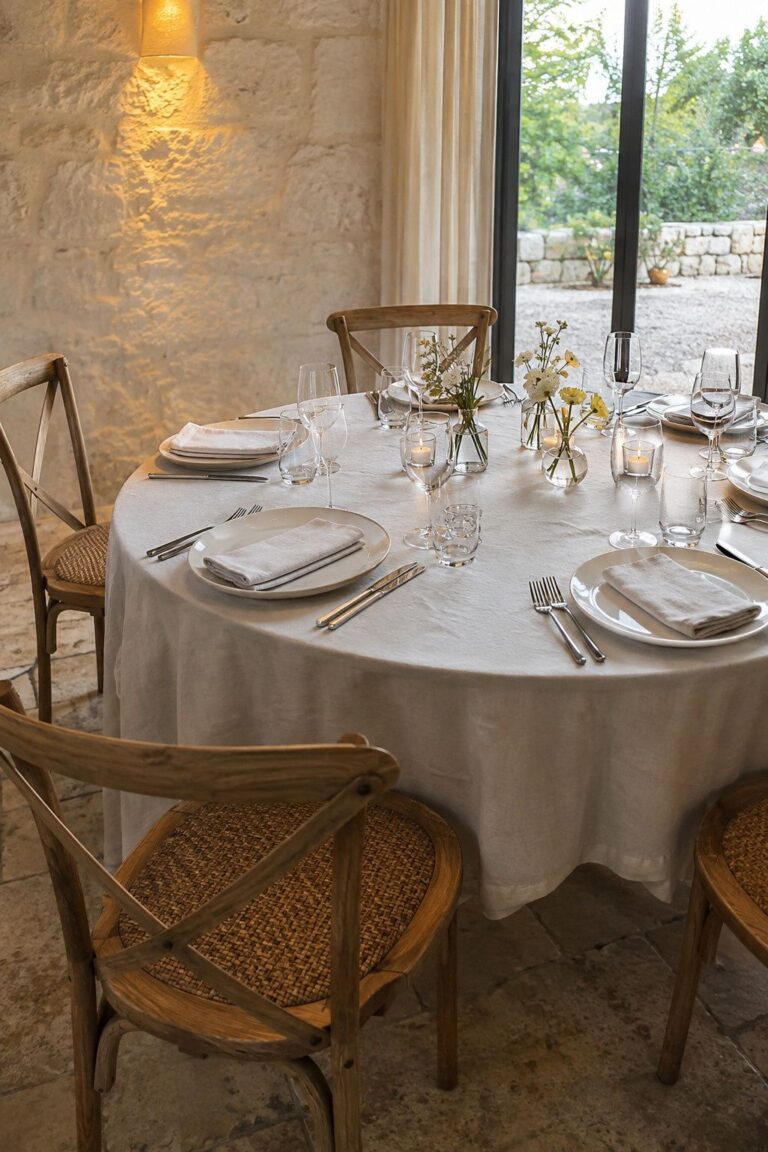 A compact round table for six with open spacing and low center vases.