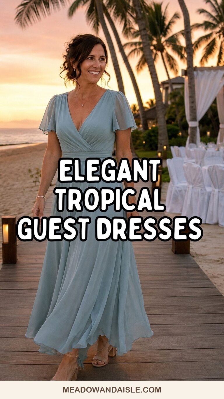 Elegant tropical wedding guest dress ideas Pinterest pin