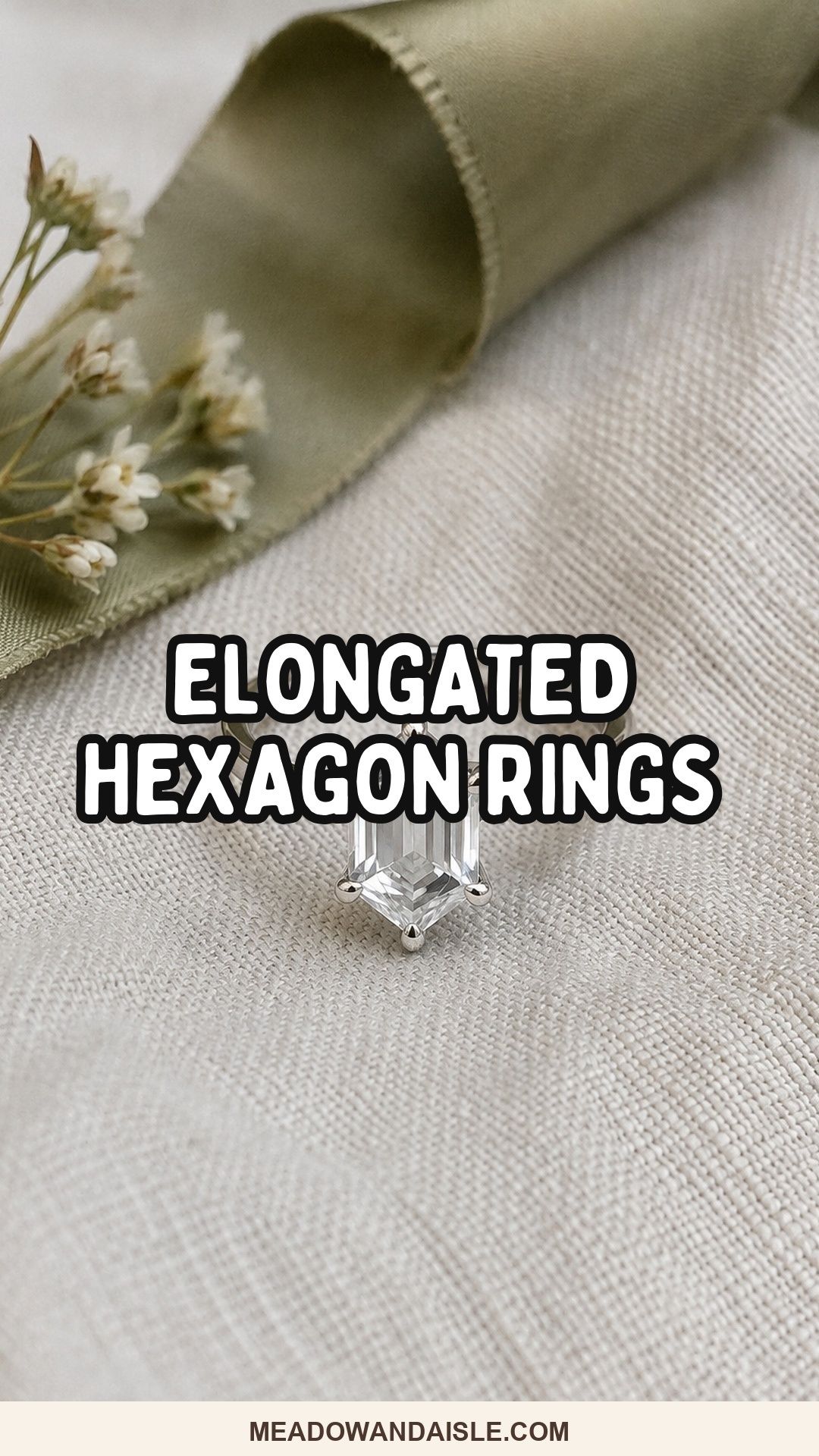 Pinterest pin with the title Elongated Hexagon Engagement Ring Ideas