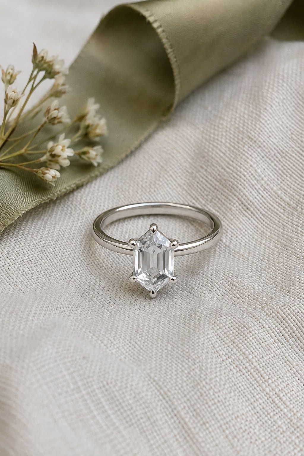 Architectural elongated hexagon solitaire ring