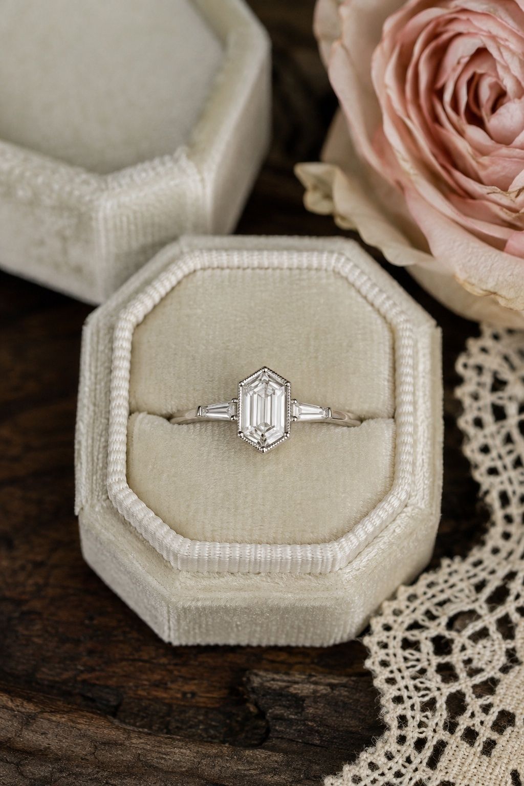 Vintage-style hexagon ring with baguette side stones