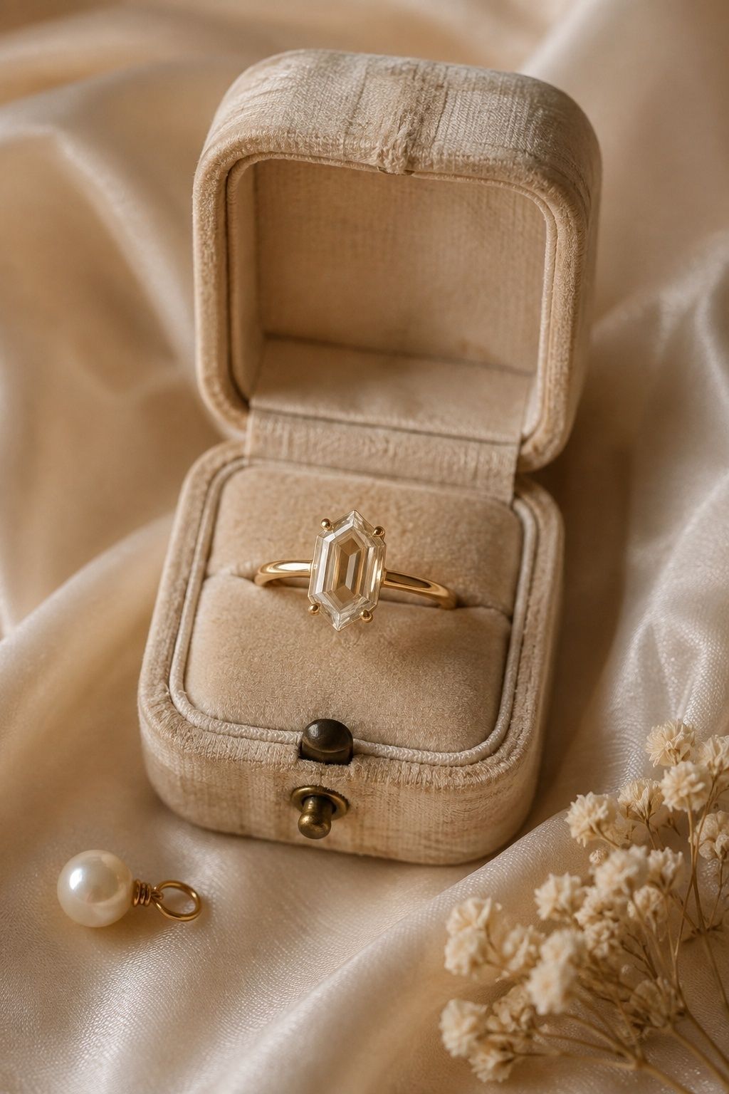 Elongated hexagon ring in warm yellow gold