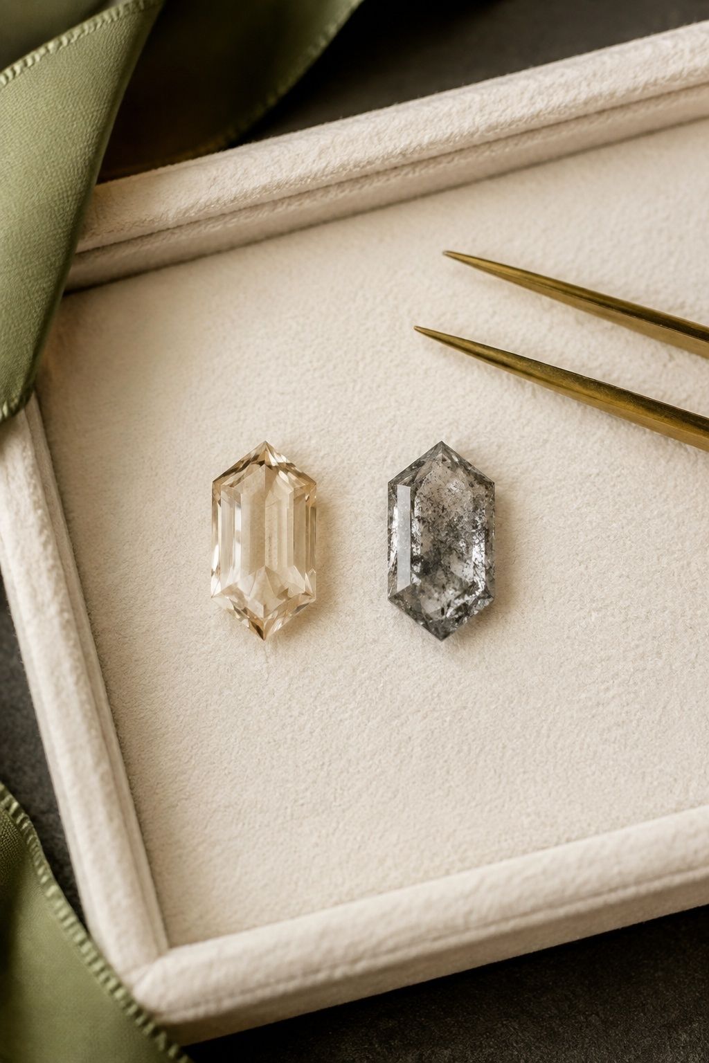 Champagne or salt-and-pepper hexagon diamond