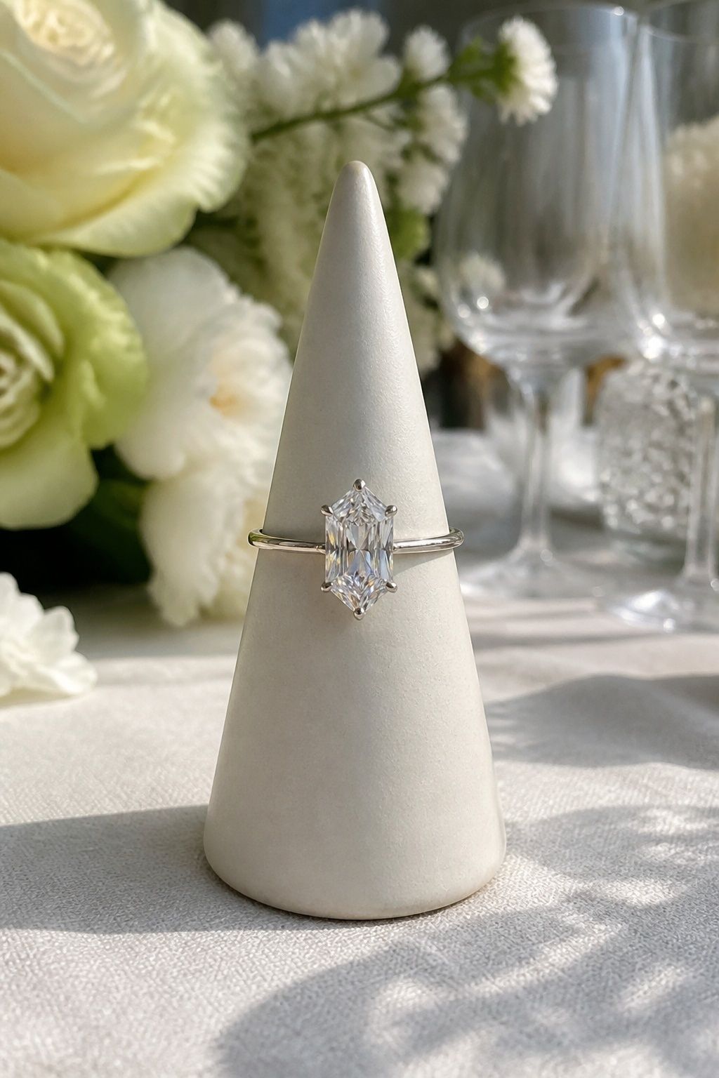 Moissanite hexagon ring with lively sparkle