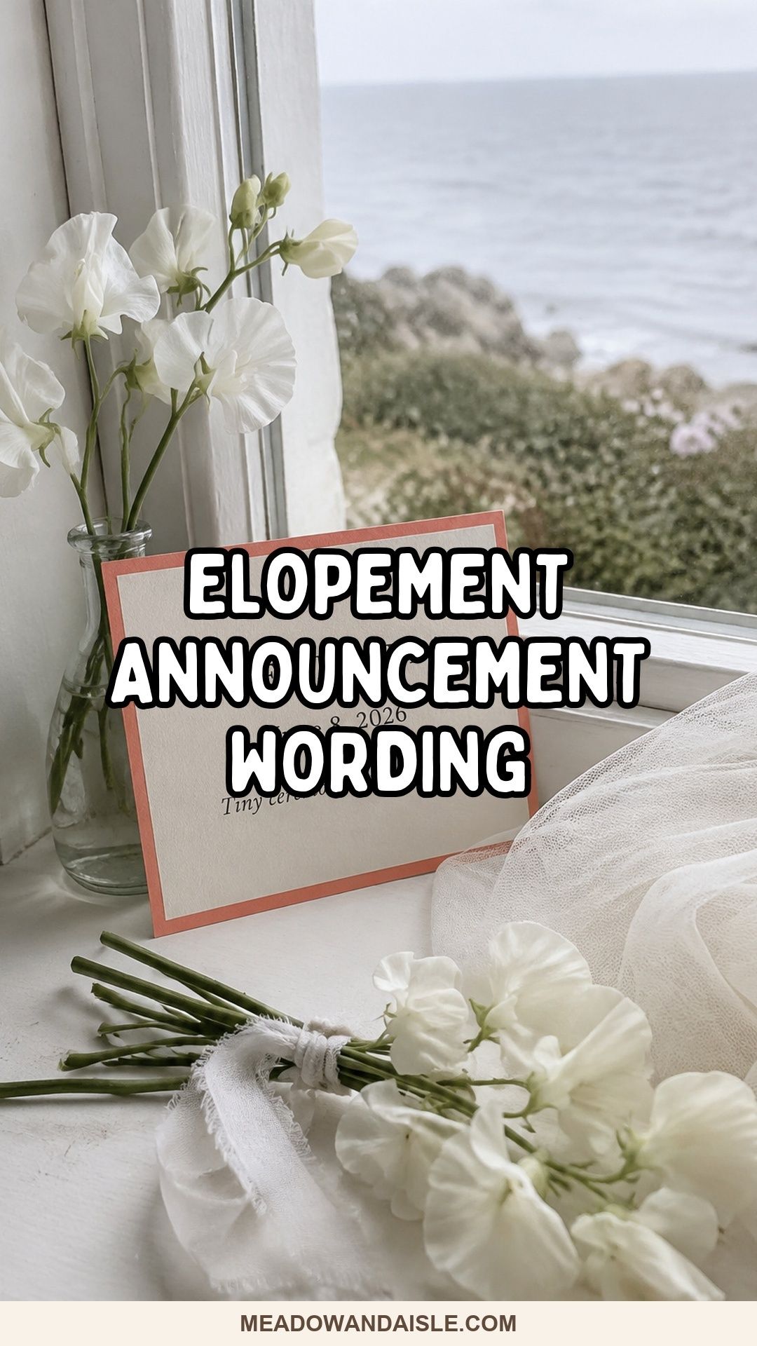 Elopement announcement wording ideas over a coastal wedding announcement scene.