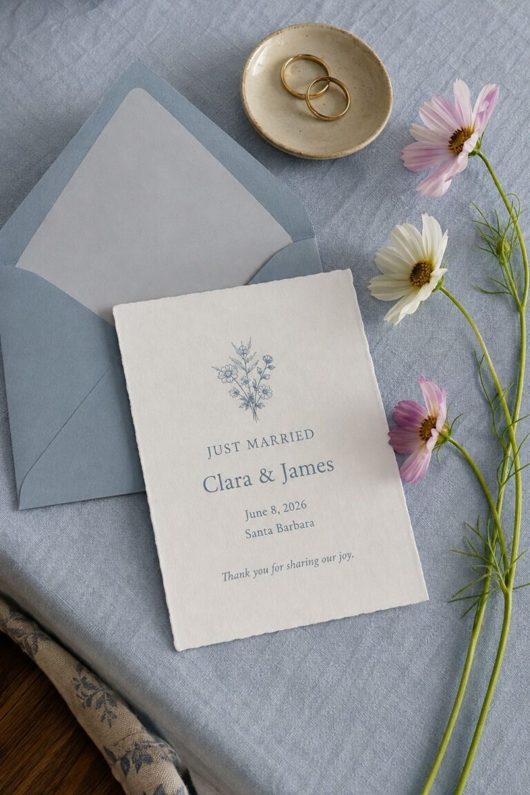 Just married announcement with names, date and location beside blue envelopes, gold rings and cosmos flowers.