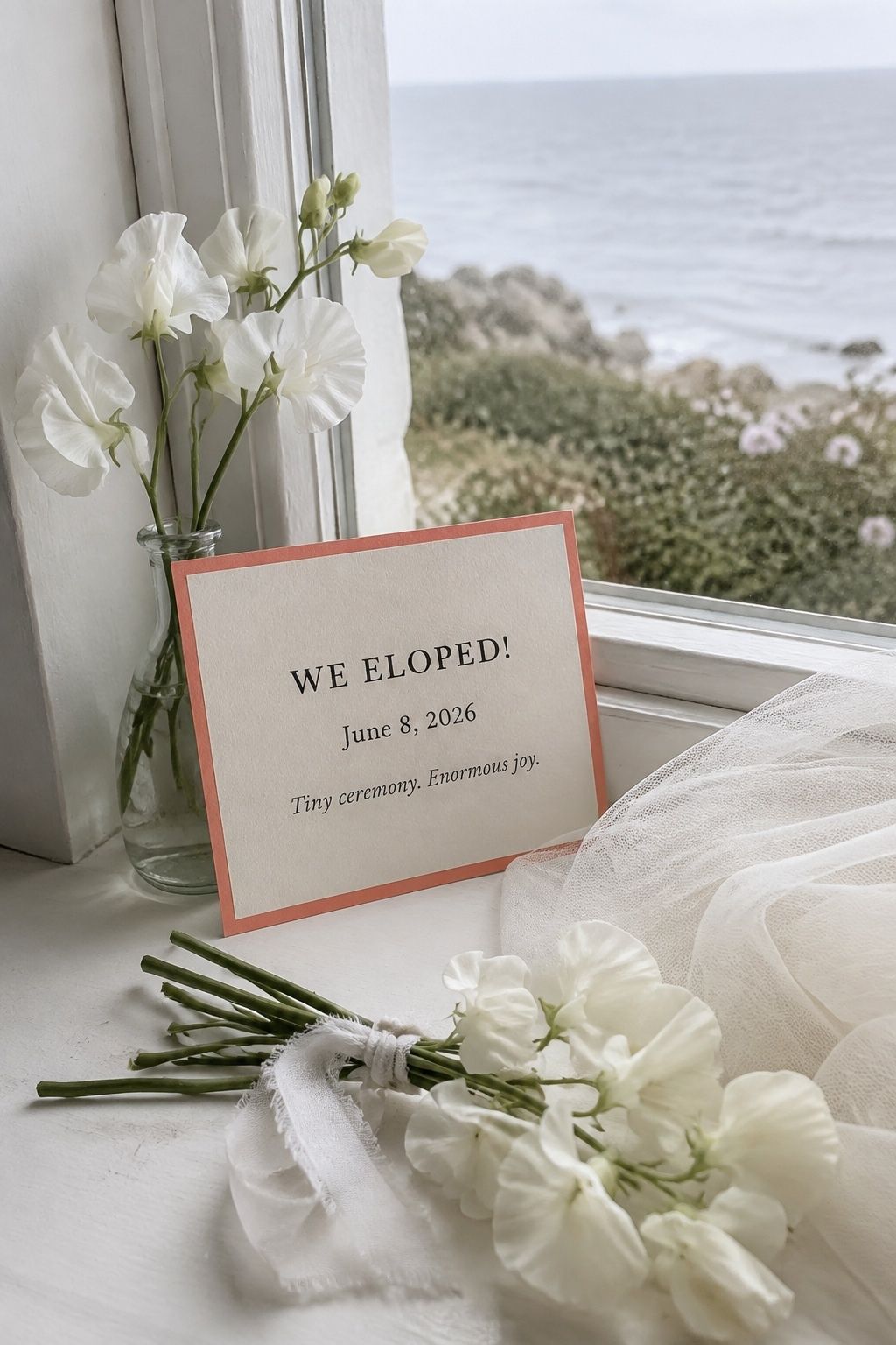 We eloped announcement card beside a white bouquet and veil on a seaside windowsill.