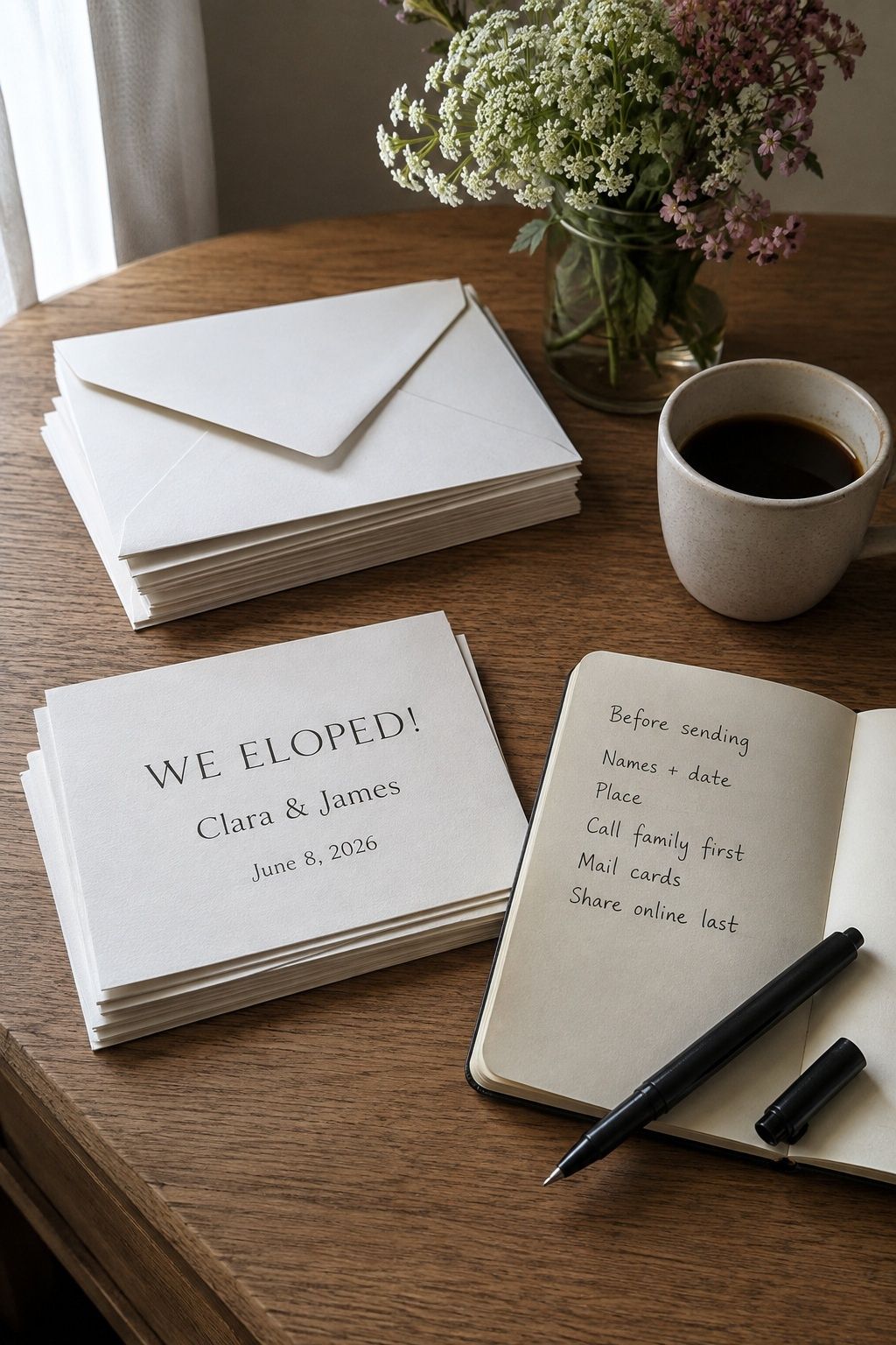 Elopement announcements and envelopes beside a handwritten mailing checklist on an oak desk.