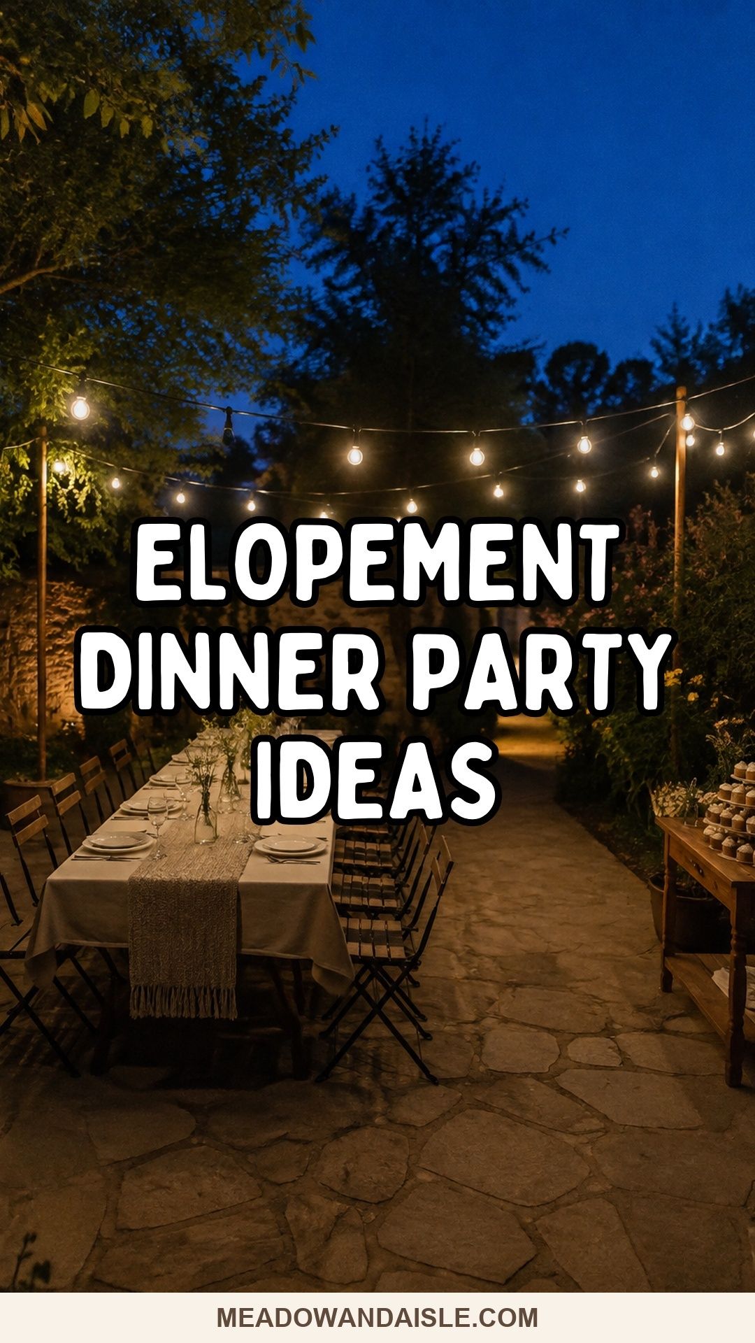 Elopement dinner party ideas Pinterest pin with a garden supper under string lights