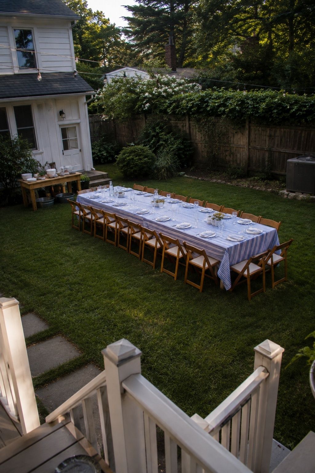 Backyard supper table with blue striped linens and wooden folding chairs