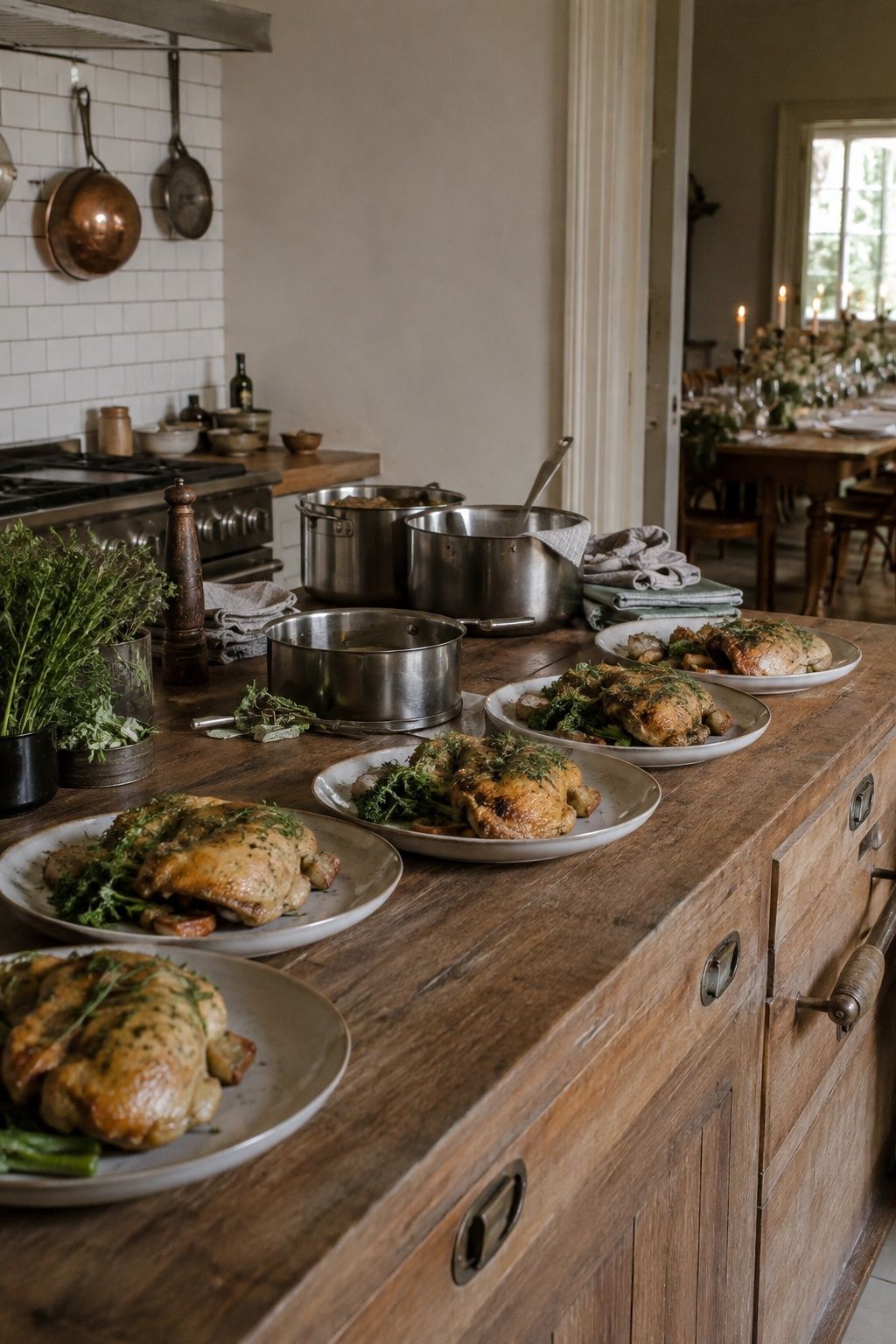 Plated chicken dinners on a home kitchen island beside an intimate wedding dining room