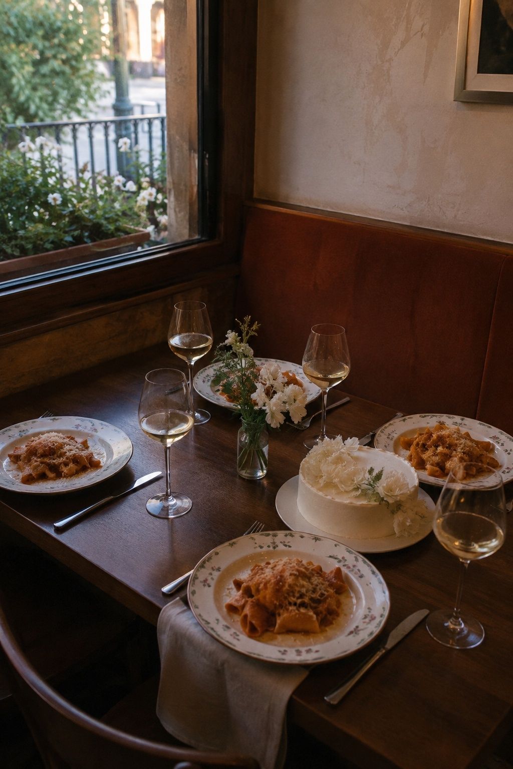 Small restaurant table with pasta, wine and a white celebration cake