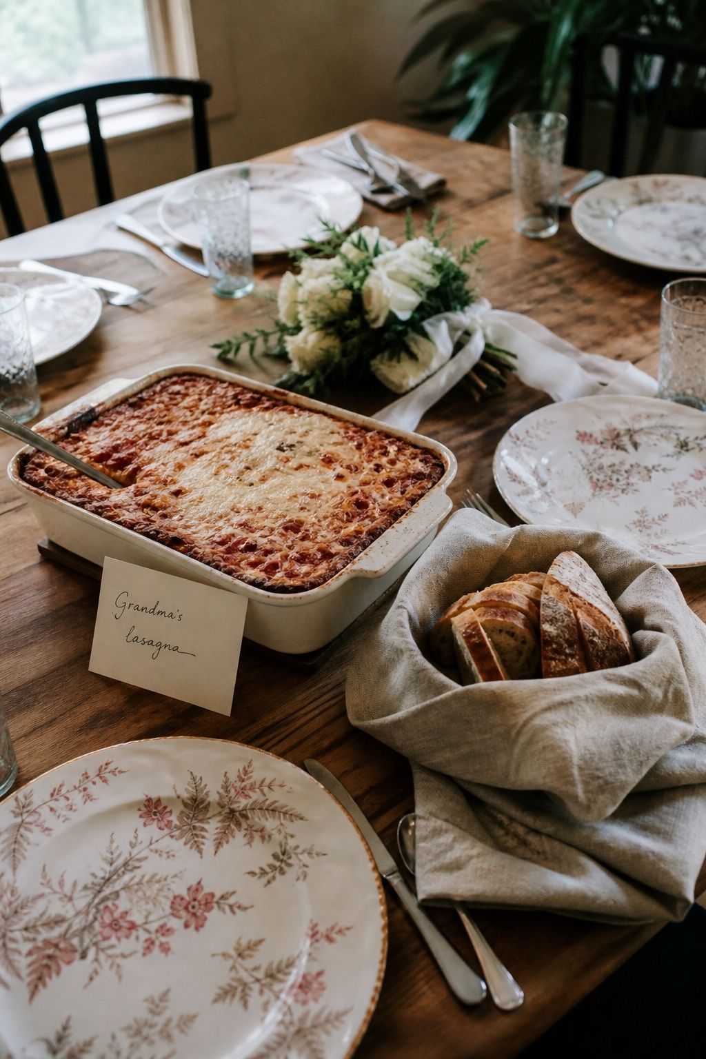 Family lasagna and homemade bread served on an intimate wedding dinner table
