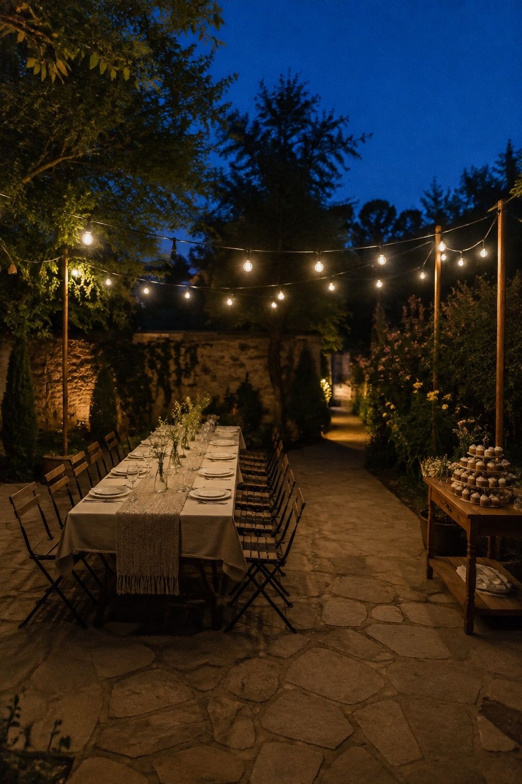 Garden wedding supper under string lights with a clear path and dessert table