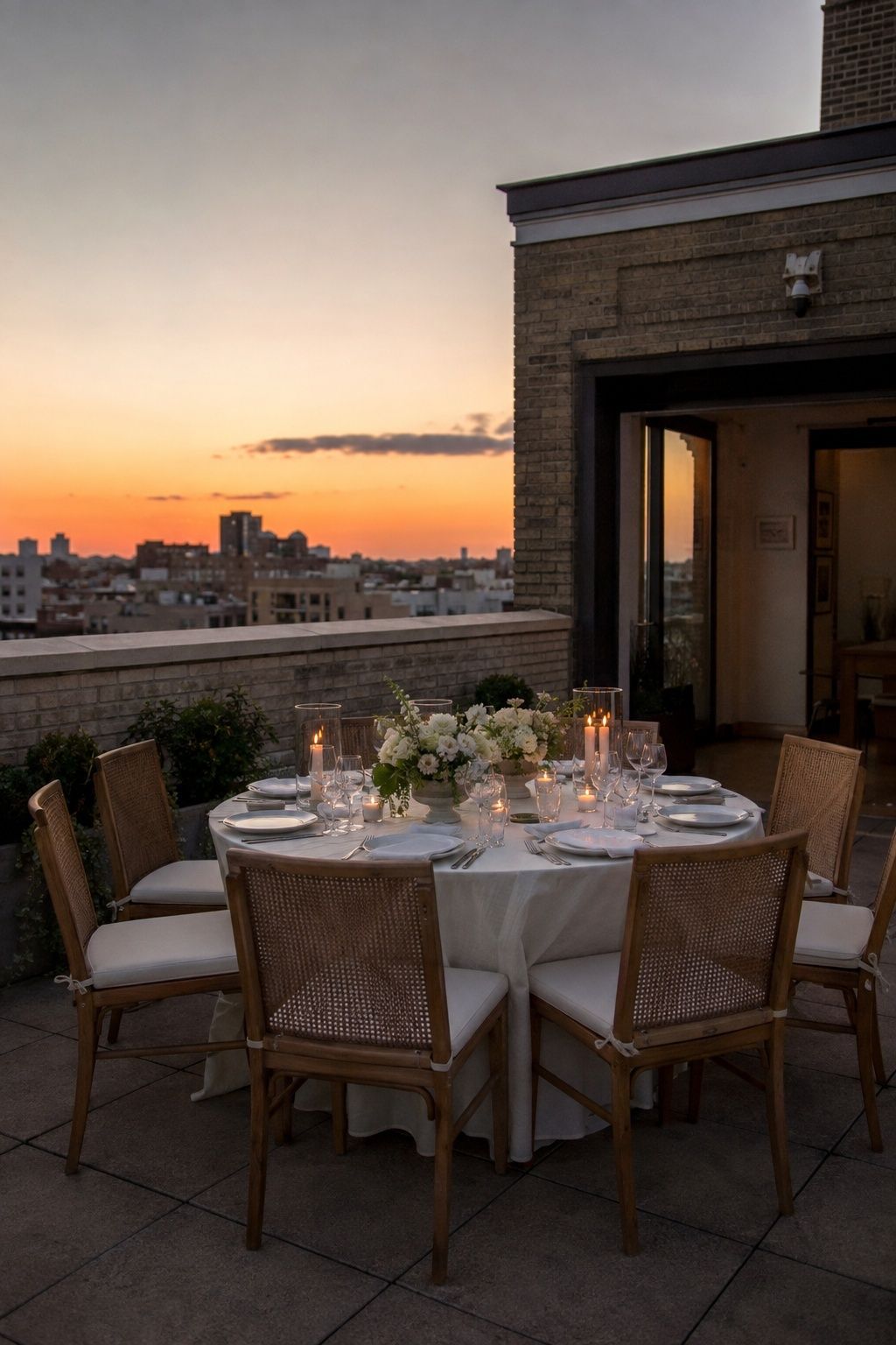 Small rooftop dinner table with hurricane candles at sunset