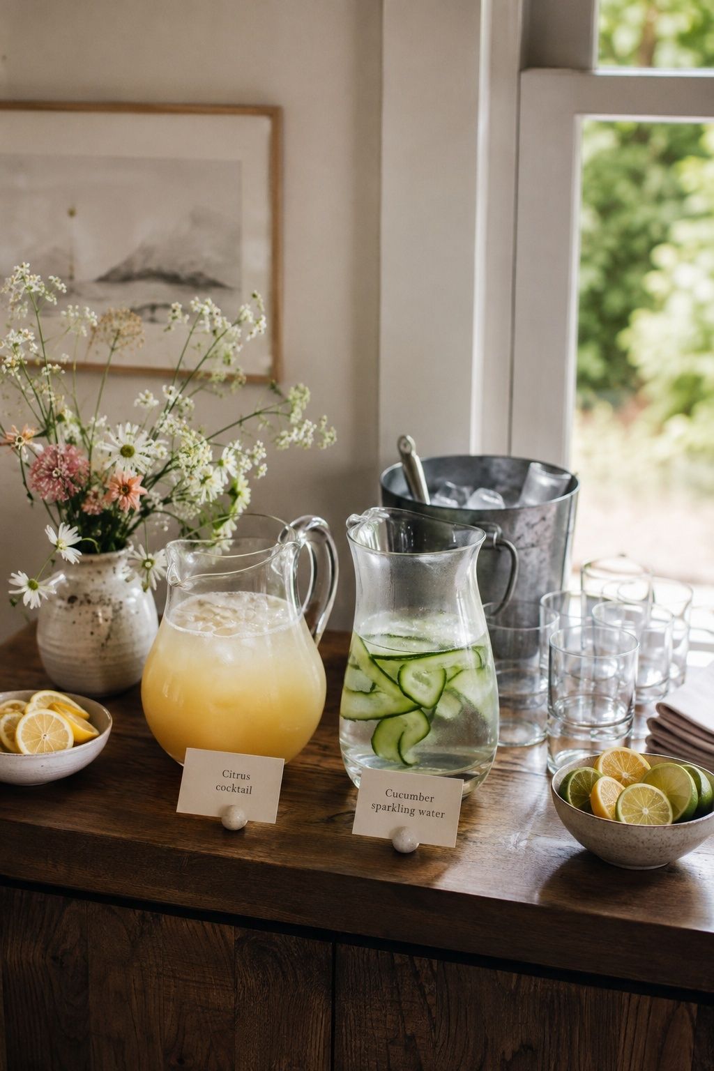 Citrus cocktail and cucumber sparkling water at a home wedding drinks station