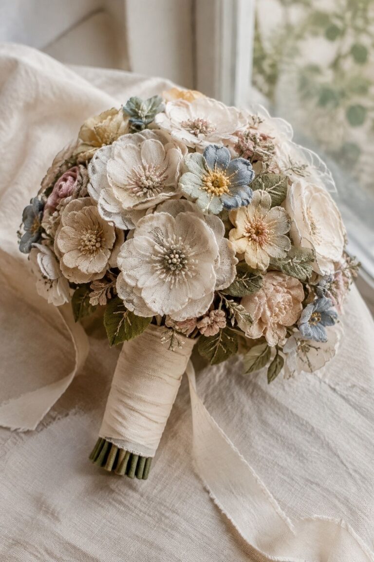 Hand-stitched fabric flower bouquet for an intimate embroidered wedding bouquet