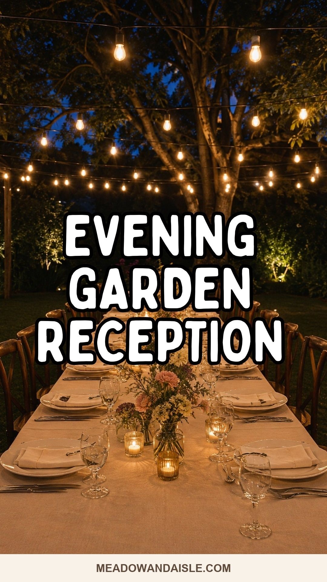 Evening garden wedding reception with amber string lights over an intimate outdoor dinner
