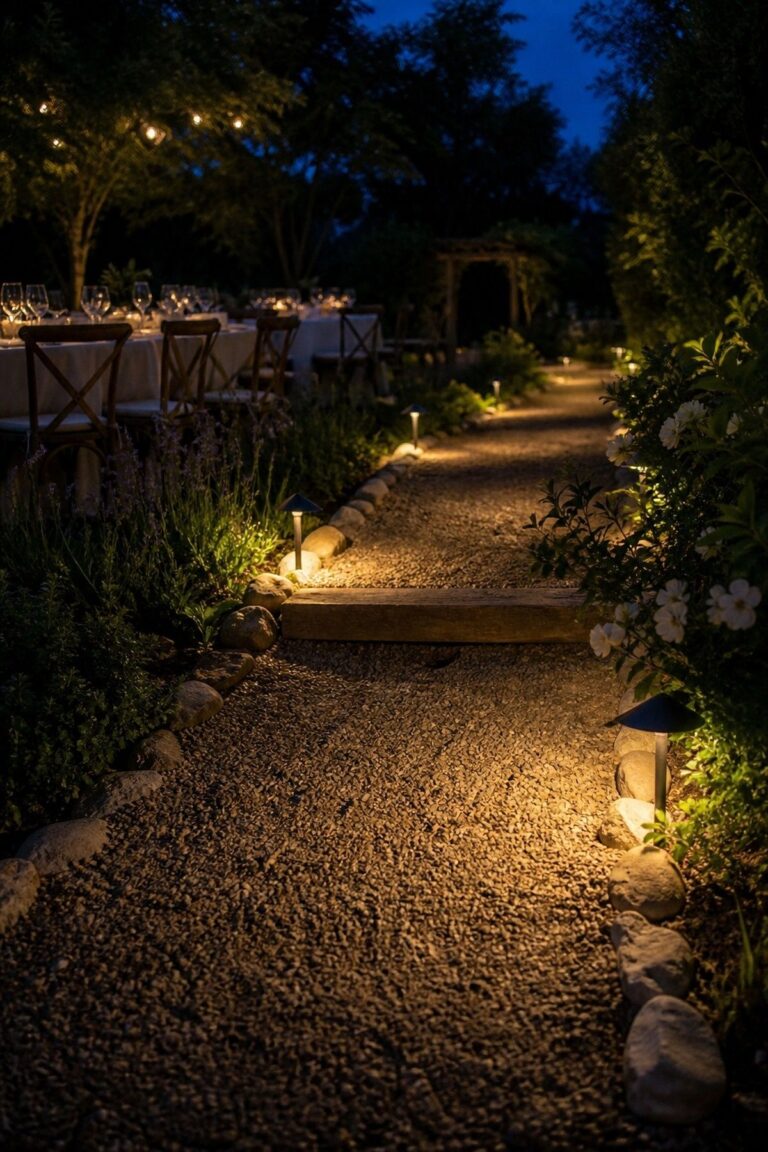 Low path lights guiding guests through an evening garden wedding reception