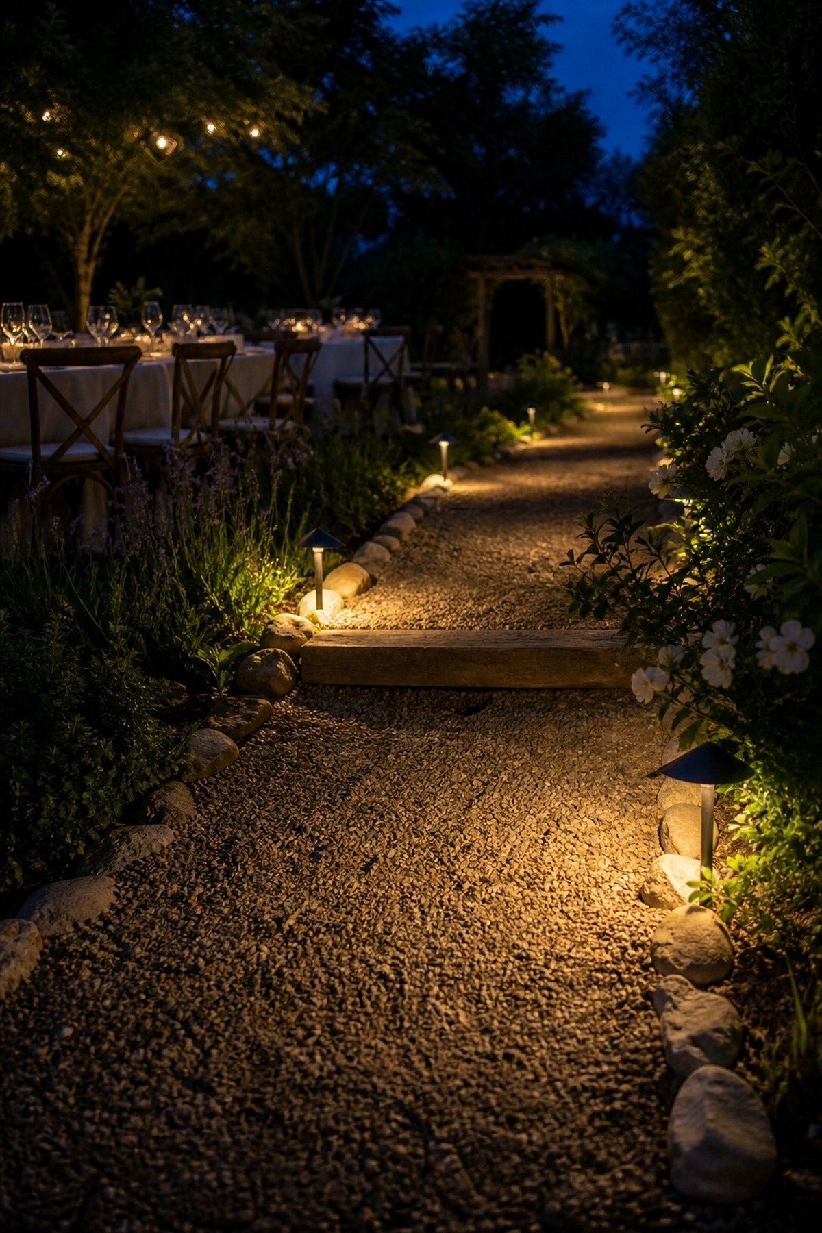 Low path lights guiding guests through an evening garden wedding reception