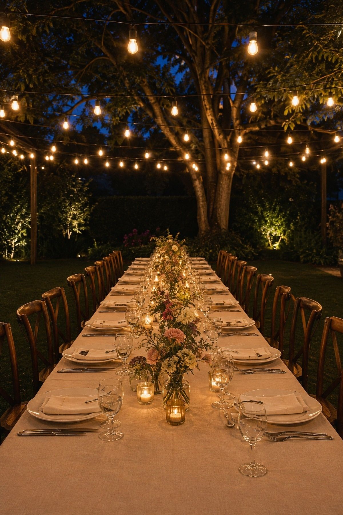 Amber string lights above a long garden wedding dinner table