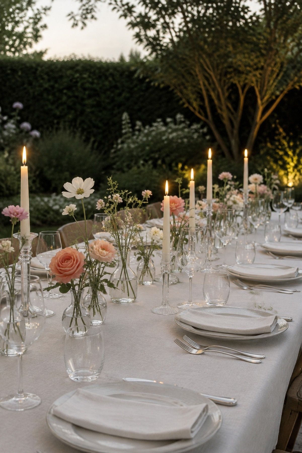 Low garden flower centerpieces preserving sightlines across a wedding table
