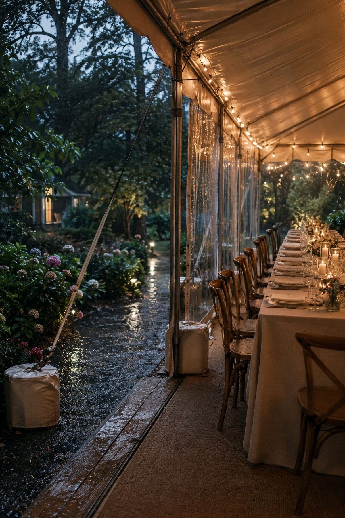 Clear-sided rain tent preserving an evening garden reception dinner