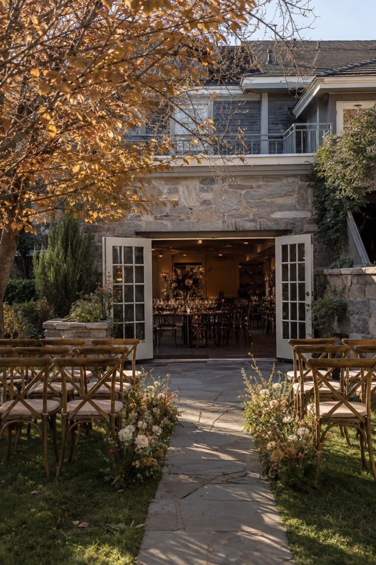 Small autumn ceremony beside open doors to an indoor reception room