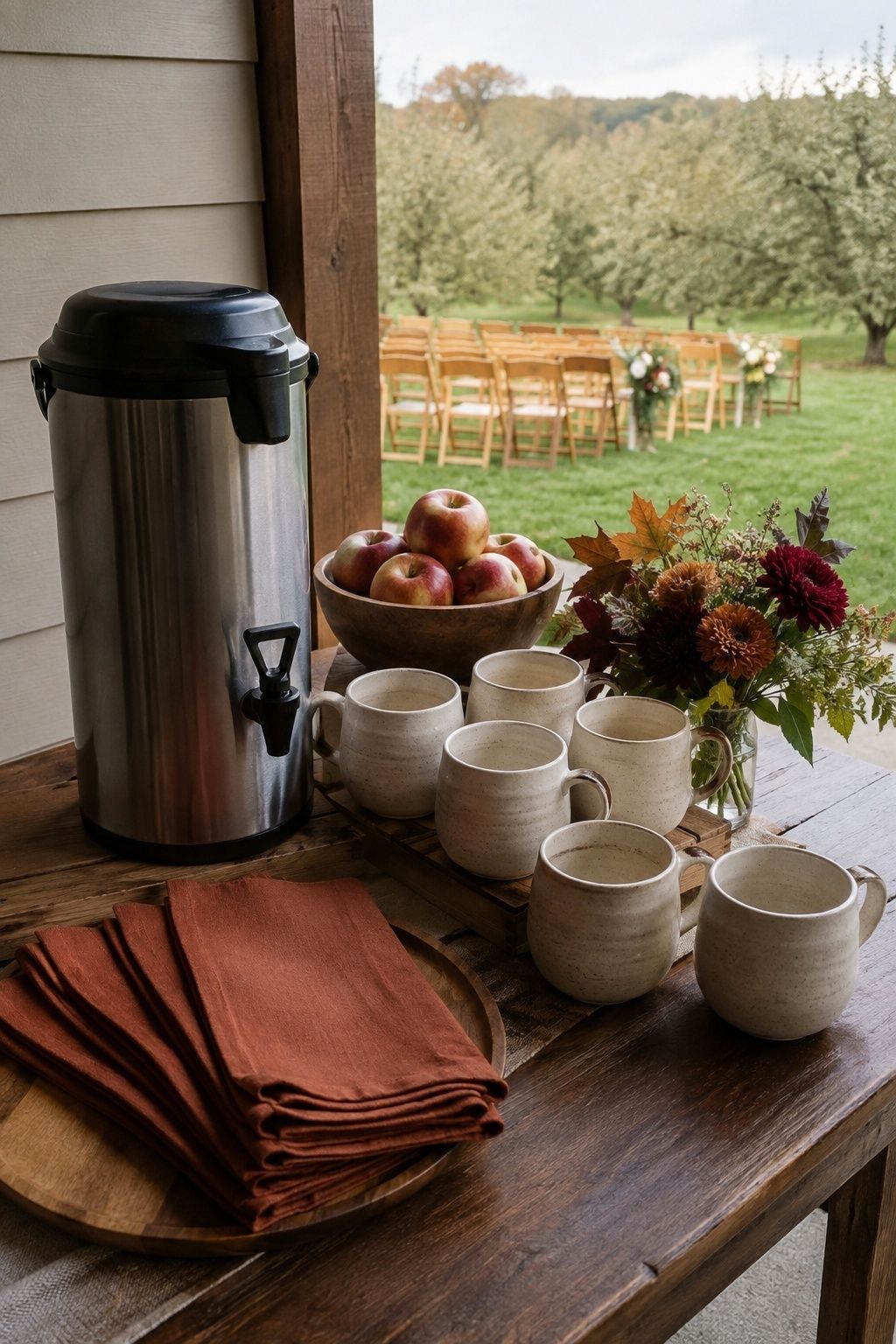 Hot cider dispenser and handled mugs at an autumn wedding welcome station