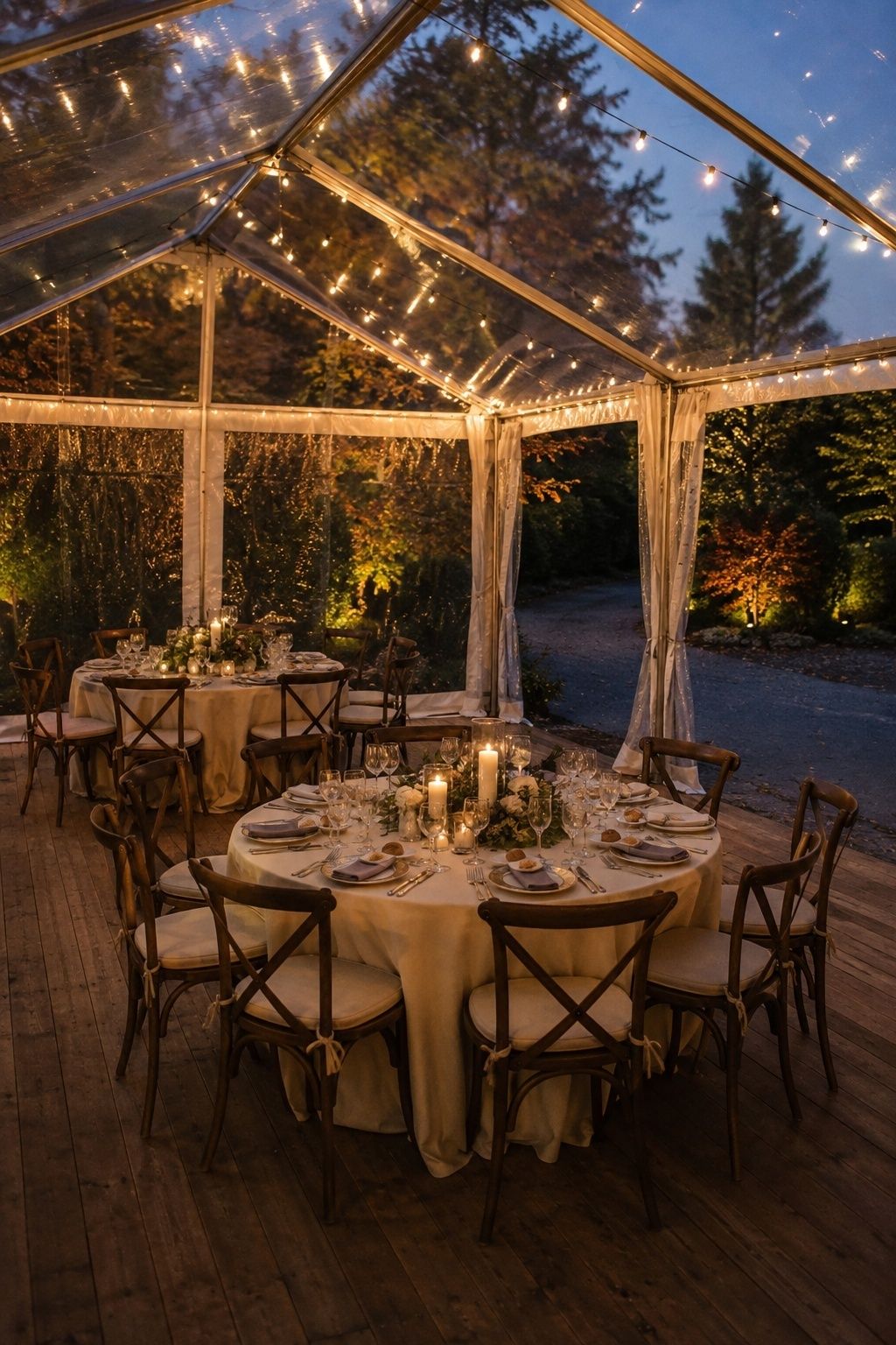 Clear tent sidewalls and string lights over intimate wedding dinner tables