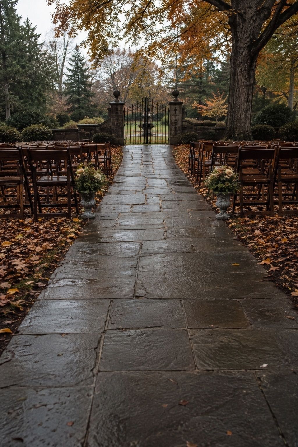 Firm stone wedding aisle cleared of wet autumn leaves