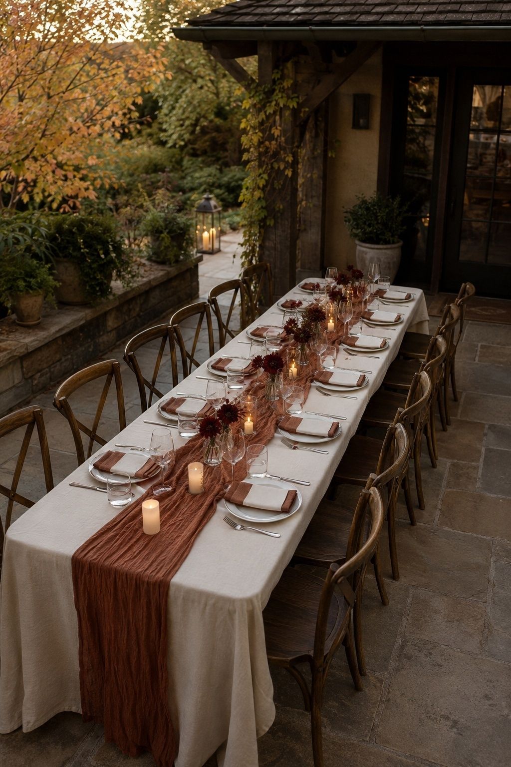 Long intimate wedding dinner table on a sheltered autumn patio