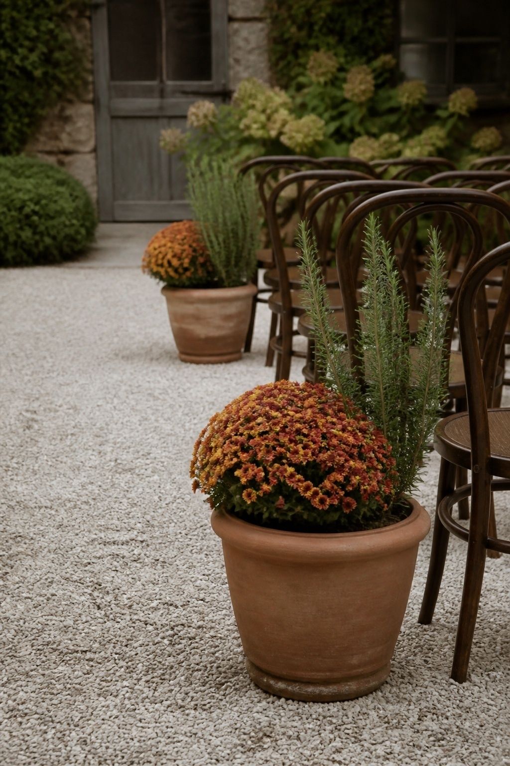 Potted herbs or mums marking the aisle
