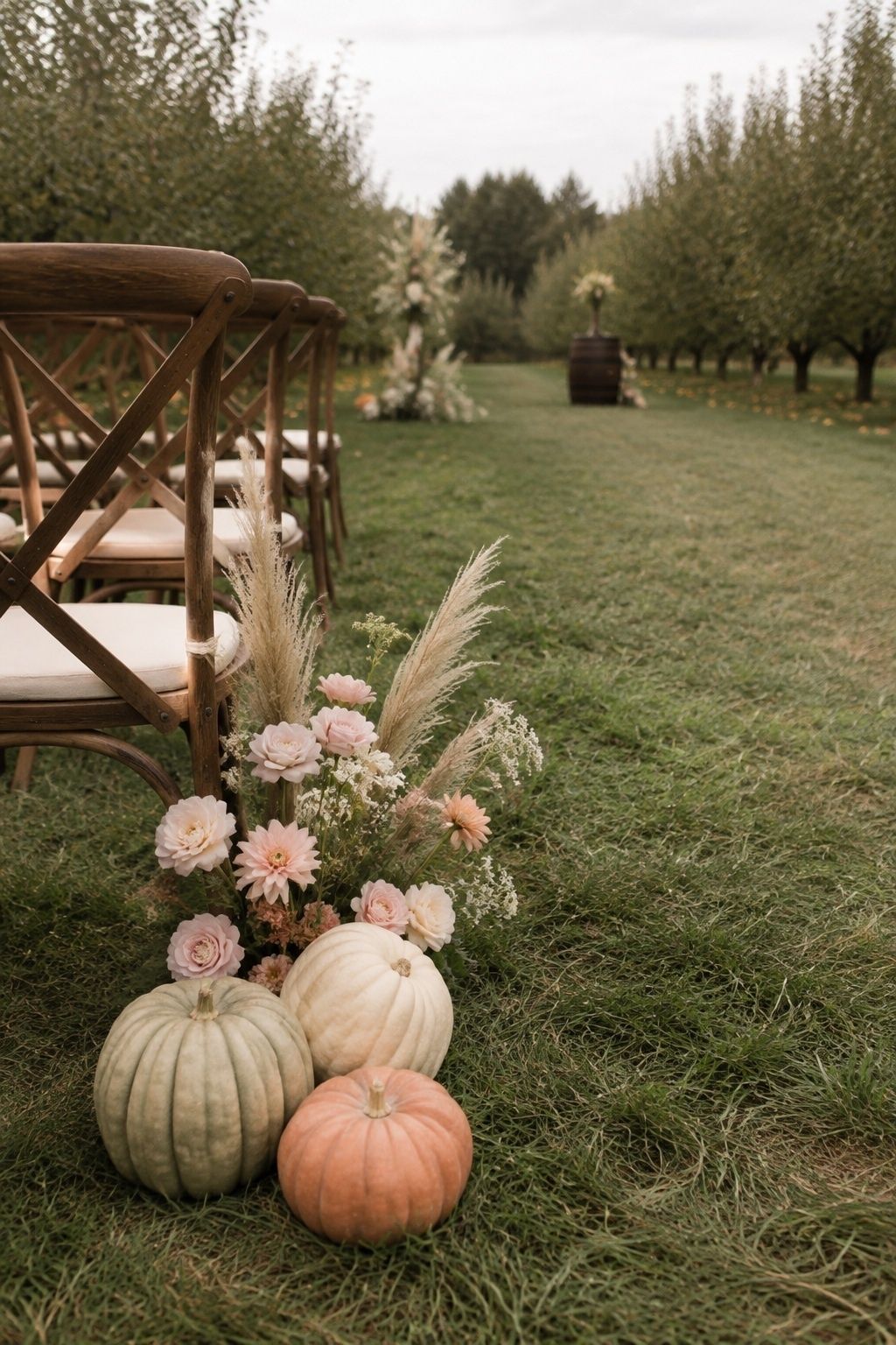 Small clusters of heirloom pumpkins along the aisle