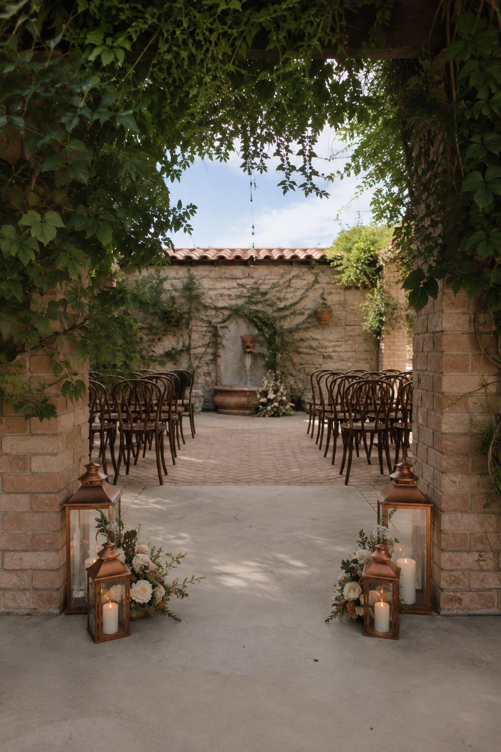 Copper or bronze lanterns at the aisle entrance