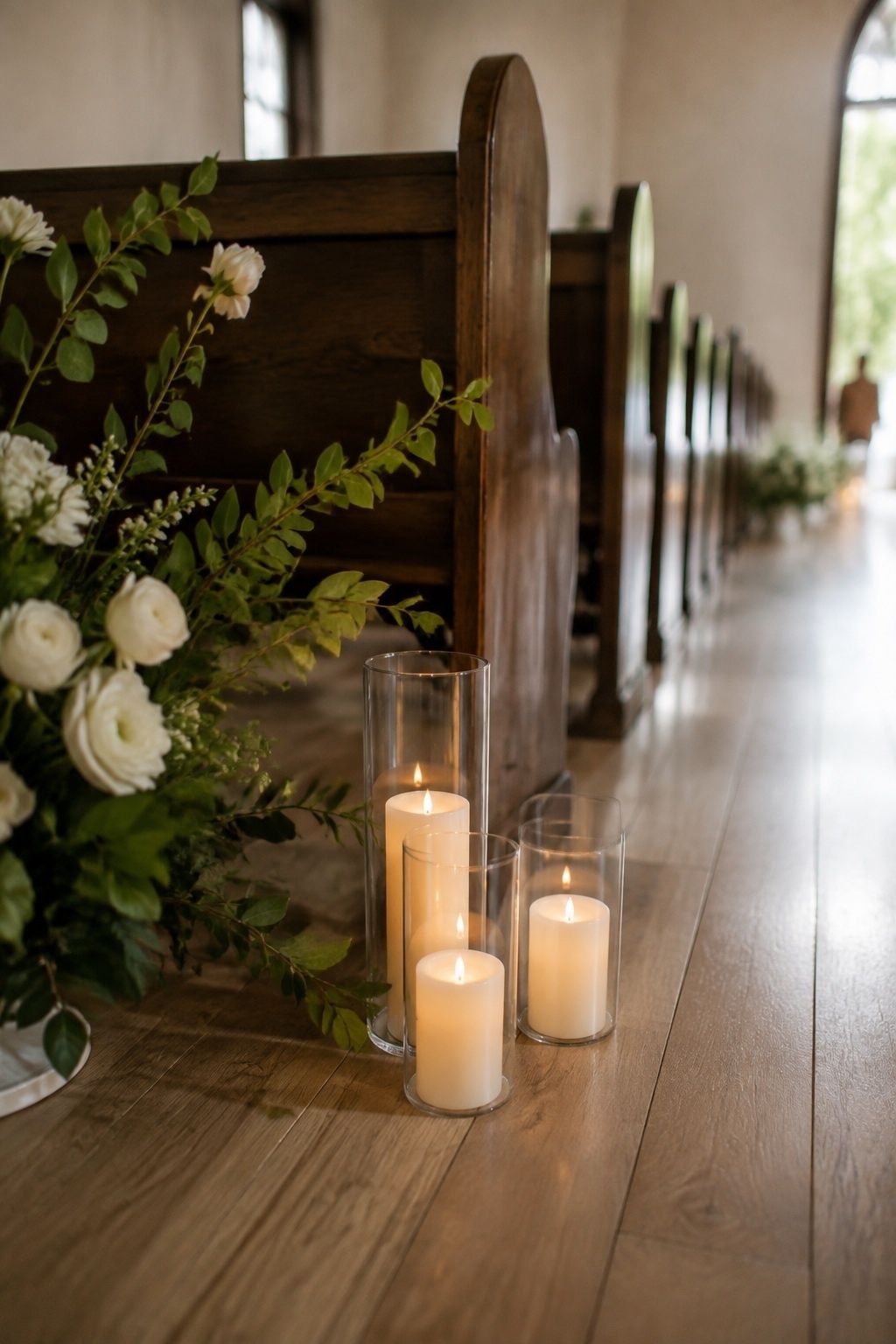 Candle hurricanes lining a sheltered fall ceremony aisle