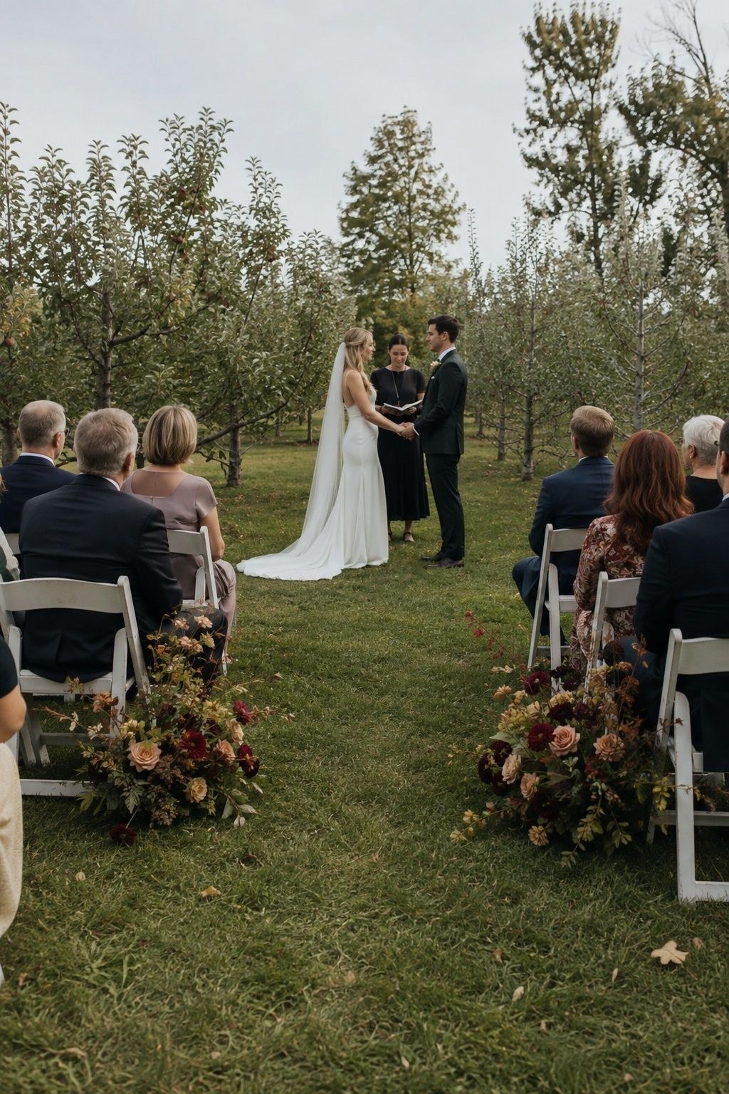 Front-row statement arrangements at a tiny ceremony