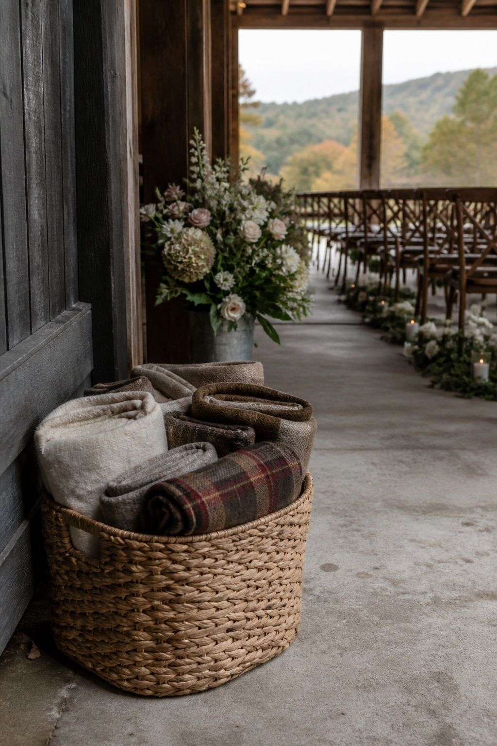 Baskets of warm blankets at the aisle entrance