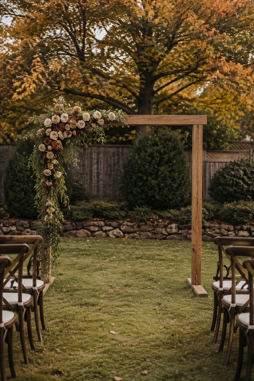 Natural wood arch with florals on one corner