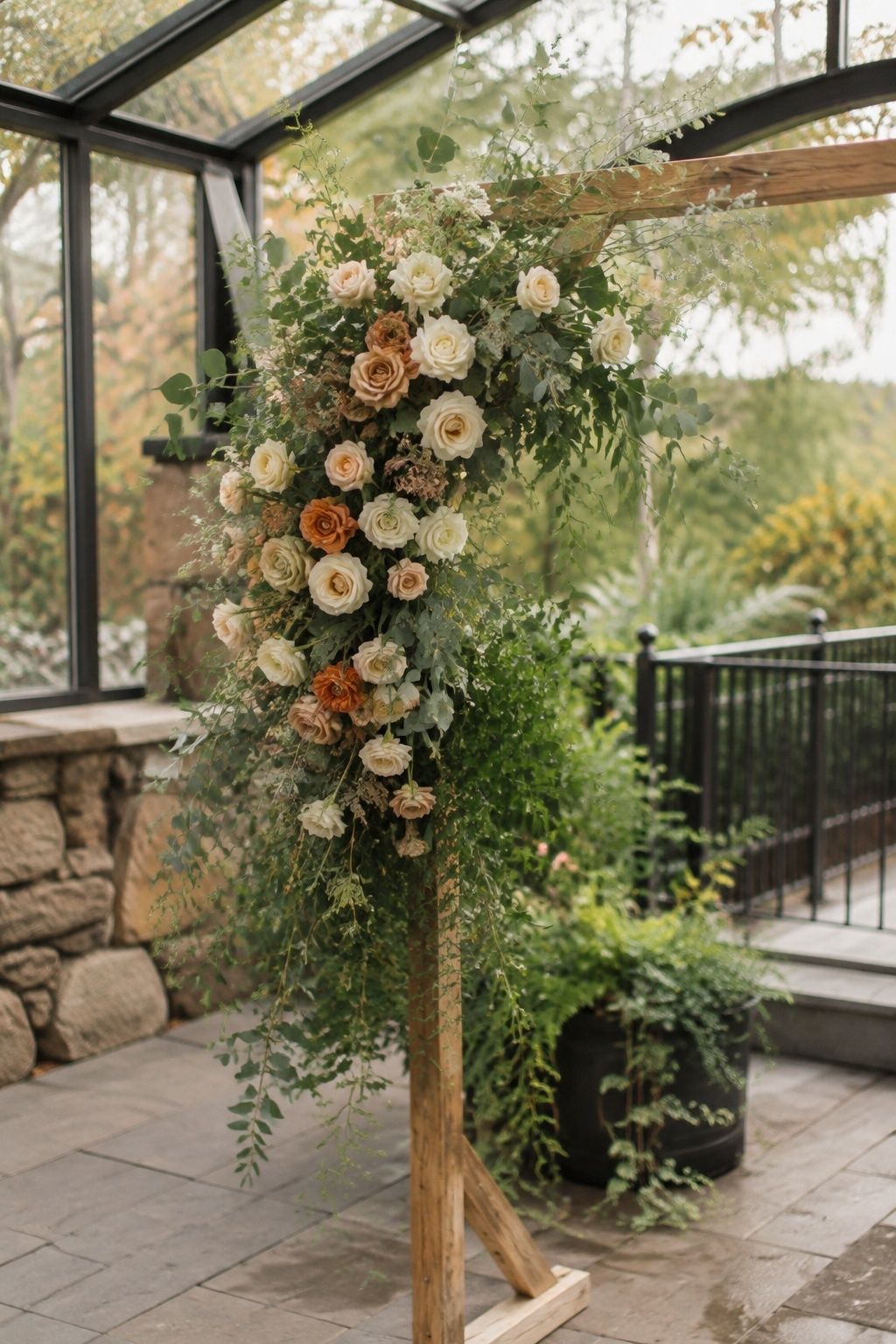 Early fall arch of garden roses and eucalyptus