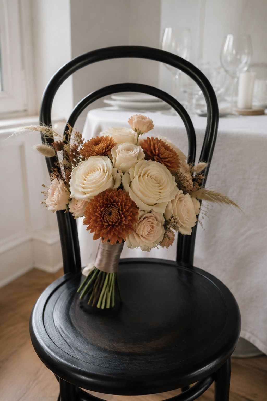 Fine dried grasses accenting a fresh cream and copper bouquet