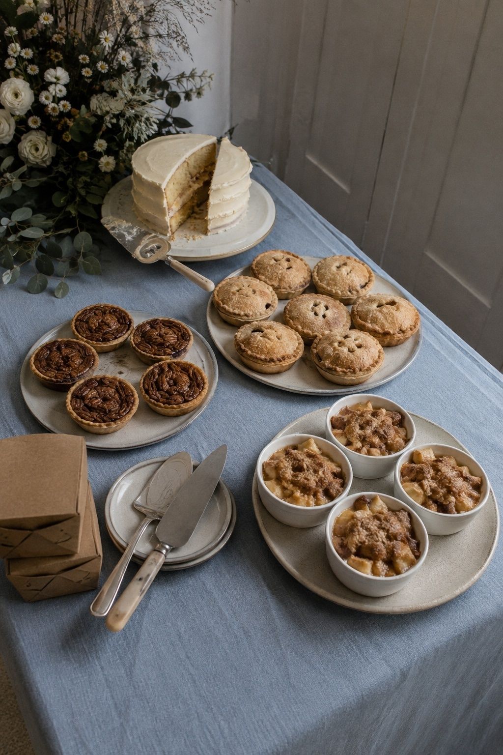 Cutting cake served with mini pies and cobblers