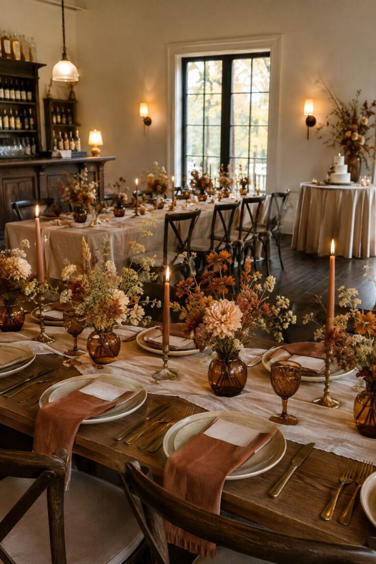 Choose One Centerpiece Language For The Whole Room for fall wedding centerpieces on an intimate reception table