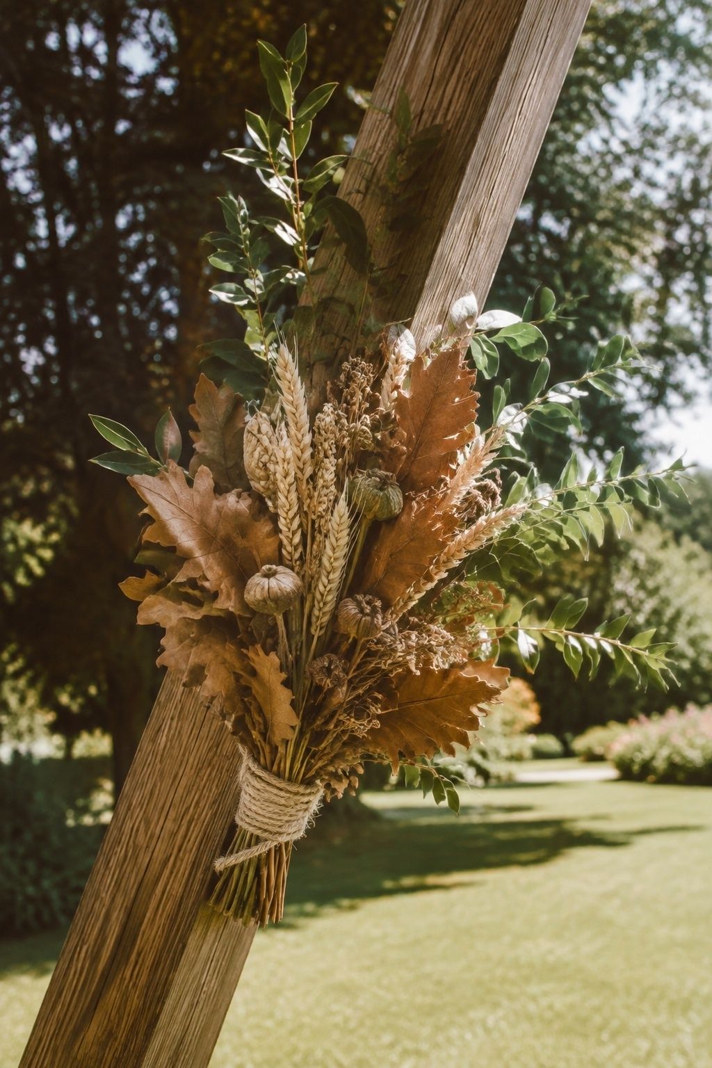 Compact dried wheat and copper foliage tied securely to a wooden frame