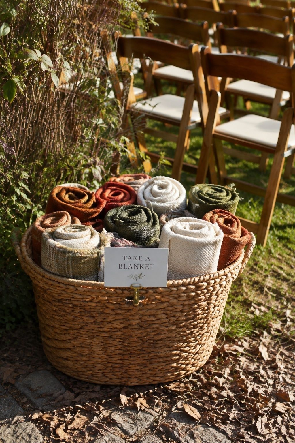 Rolled wool blankets in a basket with a Take a Blanket sign